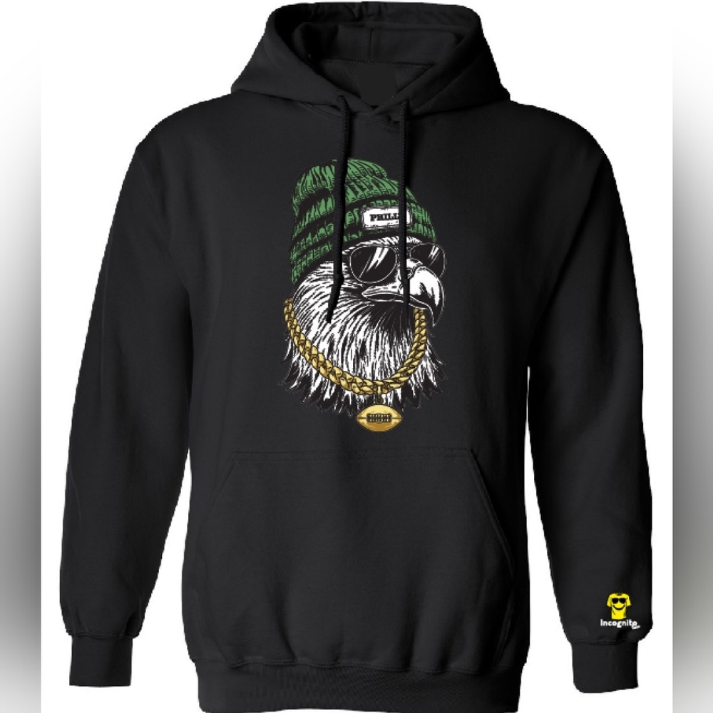 Philly Eagles Fan Hoodie, Eagle Wearing Beanie and gold football necklace